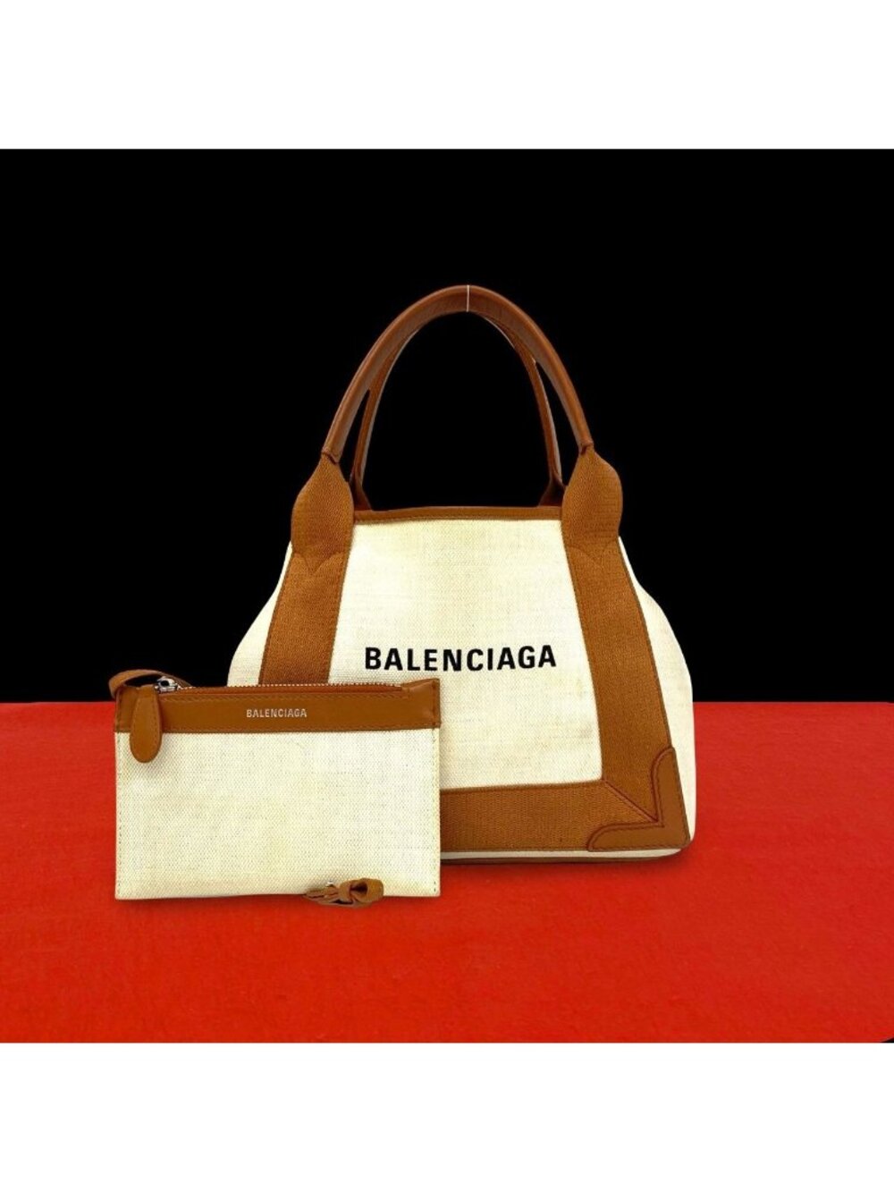 Balenciaga Navy Cabas XS Canvas Leather Handbag Mini Tote Brown Ivory